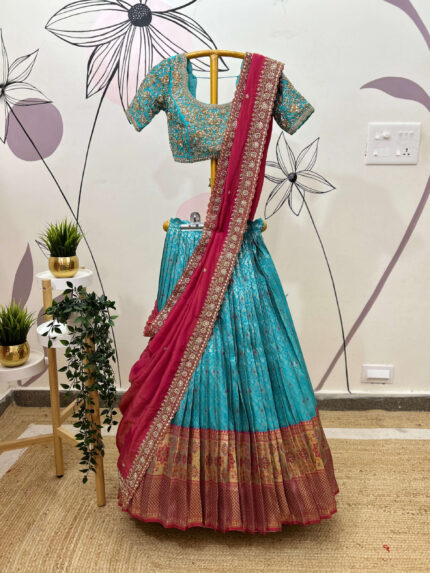 Teal Blue with Ruby Red Kanchi Meenakari Lehenga